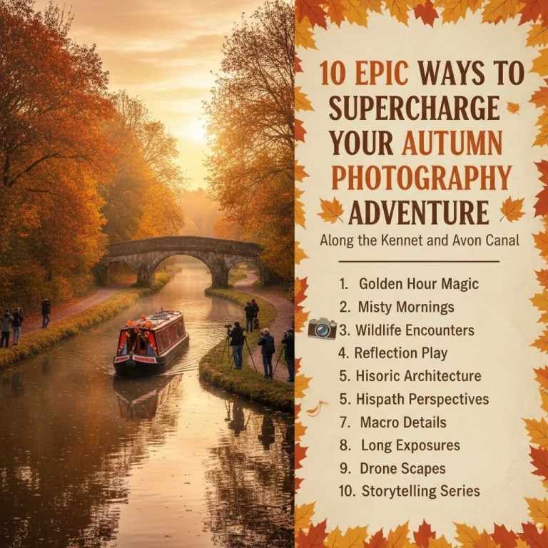 Autumn sunset over the Kennet and Avon Canal with a narrowboat, old stone bridge, and photographers, featuring text: "10 Epic Ways to Supercharge Your Autumn Photography Adventure Along the Kennet and Avon Canal