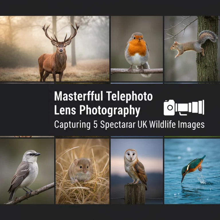 Five-panel collage illustrating telephoto lens photography focused on UK wildlife: A close-up portrait of a Red Deer stag, a detailed shot of a European Robin perched on a frosty branch, a Barn Owl in flight with a blurred background, a Red Fox looking directly at the camera, and the blog post title "Masterful Telephoto Lens Photography: Capturing 5 Spectacular Images" overlaid on a shot showing a compressed landscape with a tiny bird in the distance.