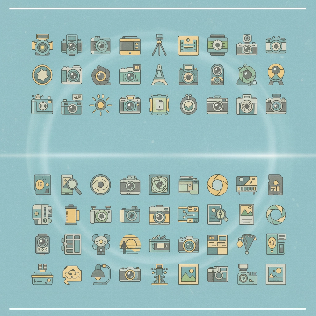 Banner image for a photography blog post. It's a collage of dozens of flat-design photography icons—including many types of cameras, tripods, light meters, and memory cards—arranged in a square pattern on a teal background. Facts about Photography