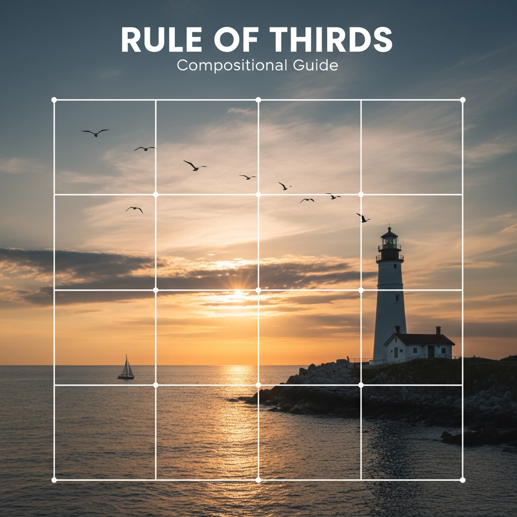 A photograph of a lighthouse at sunset with a Rule of Thirds grid overlaid, showing the lighthouse and horizon aligned to the intersecting lines.