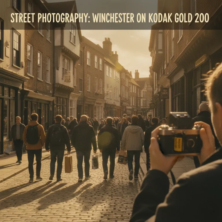 Street photographer on a cobbled Winchester street in warm, golden light, shooting with a 35mm film camera. The scene has the characteristic colour and warmth of Kodak Gold 200 film.