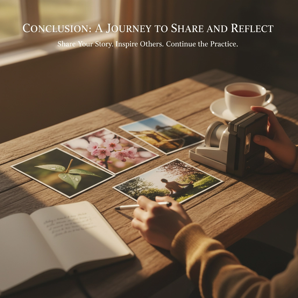 Hands reflecting on a selection of mindfulness photographs (dewy leaf, cherry blossoms, landscape, person in nature) laid out on a wooden table beside an open journal, pen, instant camera, and tea.