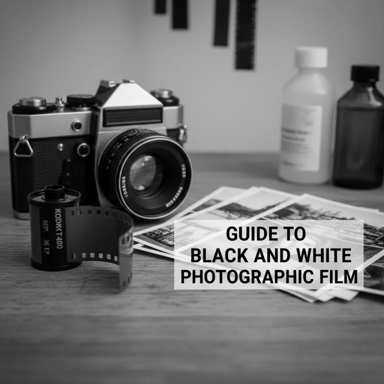 A black and white photograph of an analog SLR camera, a roll of 35mm film partially unspooled, a stack of small black and white photographic prints, and two bottles of darkroom chemicals on a wooden table. The title "GUIDE TO BLACK AND WHITE PHOTOGRAPHIC FILM" is overlaid in the center.