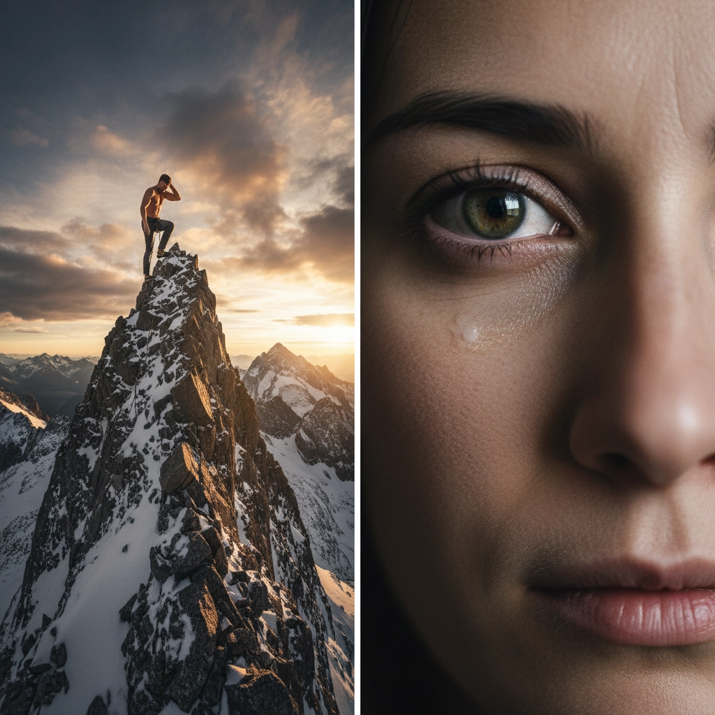 The photograph is a split composition designed to illustrate compositional contrast and emotional impact. It features two distinct perspectives side-by-side. One section likely utilizes a low-angle shot to create a sense of power, dominance, or strength, making the subject appear imposing or monumental. The other section is an intimate close-up shot of a person's eyes, emphasizing vulnerability, connection, and deep emotion through sharp detail and personal focus. The overall image is an exploration of framing, visual balance, perspective, and the psychological role of composition techniques in emotional storytelling and photographic journey.
