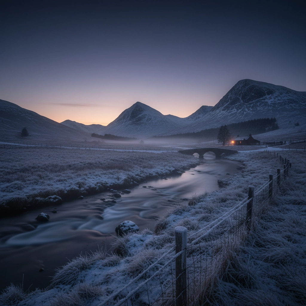 Winter scene reflecting best settings for low light photography