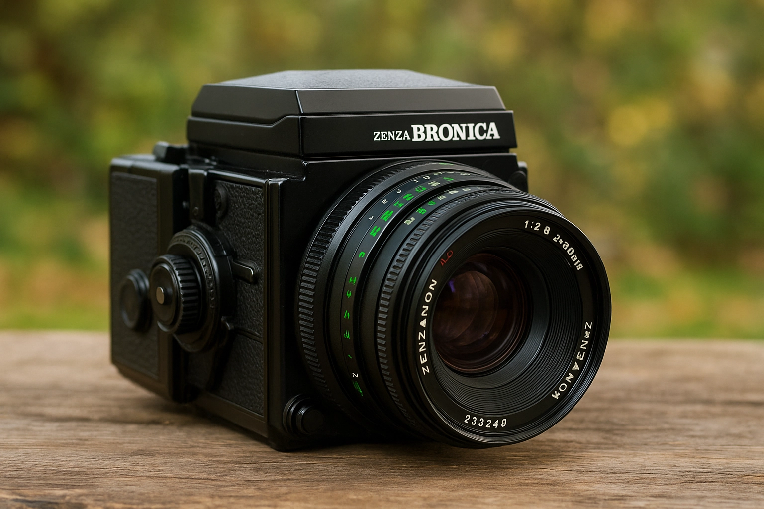 Vintage Zenza Bronica ETRSi medium format film camera resting on a rustic wooden surface outdoors, with soft natural light and blurred foliage in the background.