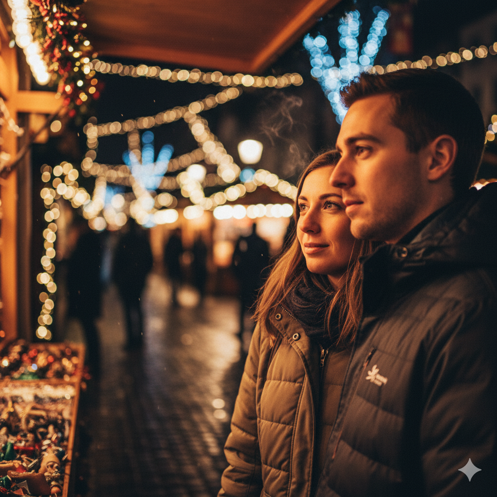 Close-up of a young couple at the Cologne Christmas Market at night, looking at a stall with blurred festive lights creating a bokeh background.
The background is a beautiful blur of bokeh, showcasing countless out-of-focus Christmas lights in warm yellows and cooler blues, creating a magical and enchanting atmosphere. The focus is sharply on the couple, highlighting their shared moment and connection amidst the festive market bustle.