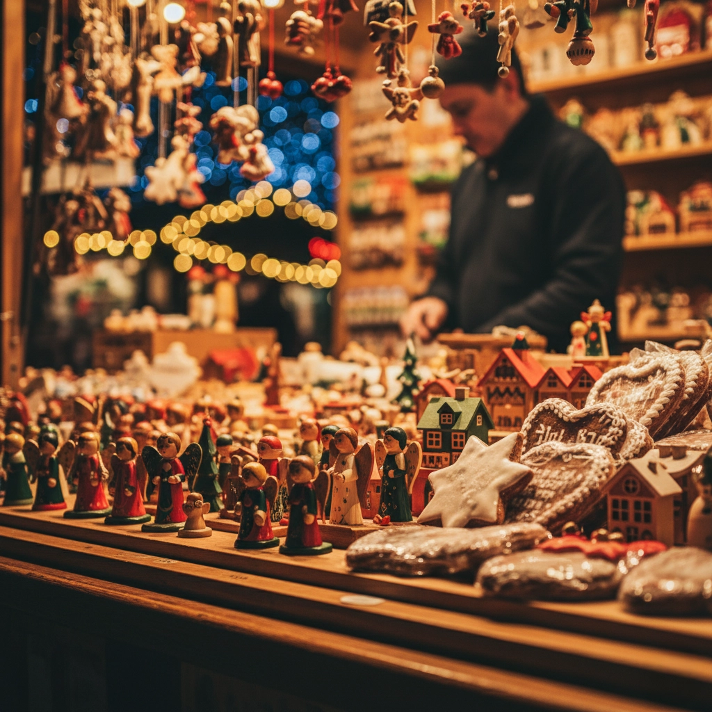 Close-up night photo of handmade wooden Christmas ornaments and crafts displayed at a market stall with a soft, blurred background of festive bokeh lights.