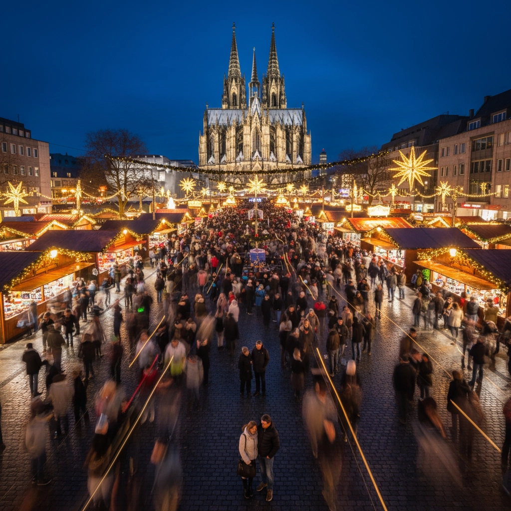 Elevated, long-exposure night photo of a very crowded Cologne Christmas Market with blurred people, illuminated stalls, and the Cologne Cathedral in the background.