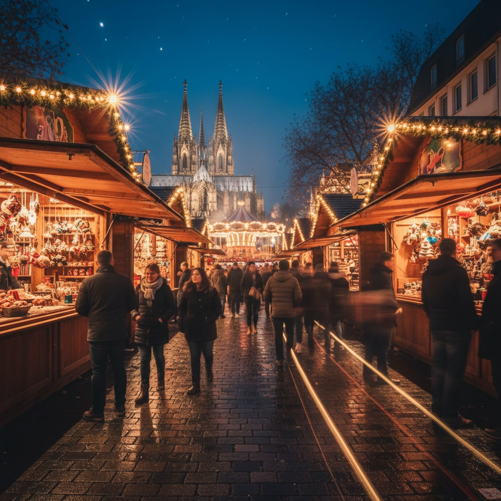 Long-exposure night photo of the Cologne Christmas Market pathway, lined with illuminated stalls, a carousel, and the majestic Cologne Cathedral in the background.
In the midground, a brightly lit carousel adds a whimsical touch, drawing the eye further into the depth of the market. Towering majestically in the background, under a dark blue night sky dotted with faint stars, is the iconic Cologne Cathedral, its spires dramatically silhouetted and subtly lit. The overall impression is one of a magical, bustling winter wonderland, rich in color and festive spirit.