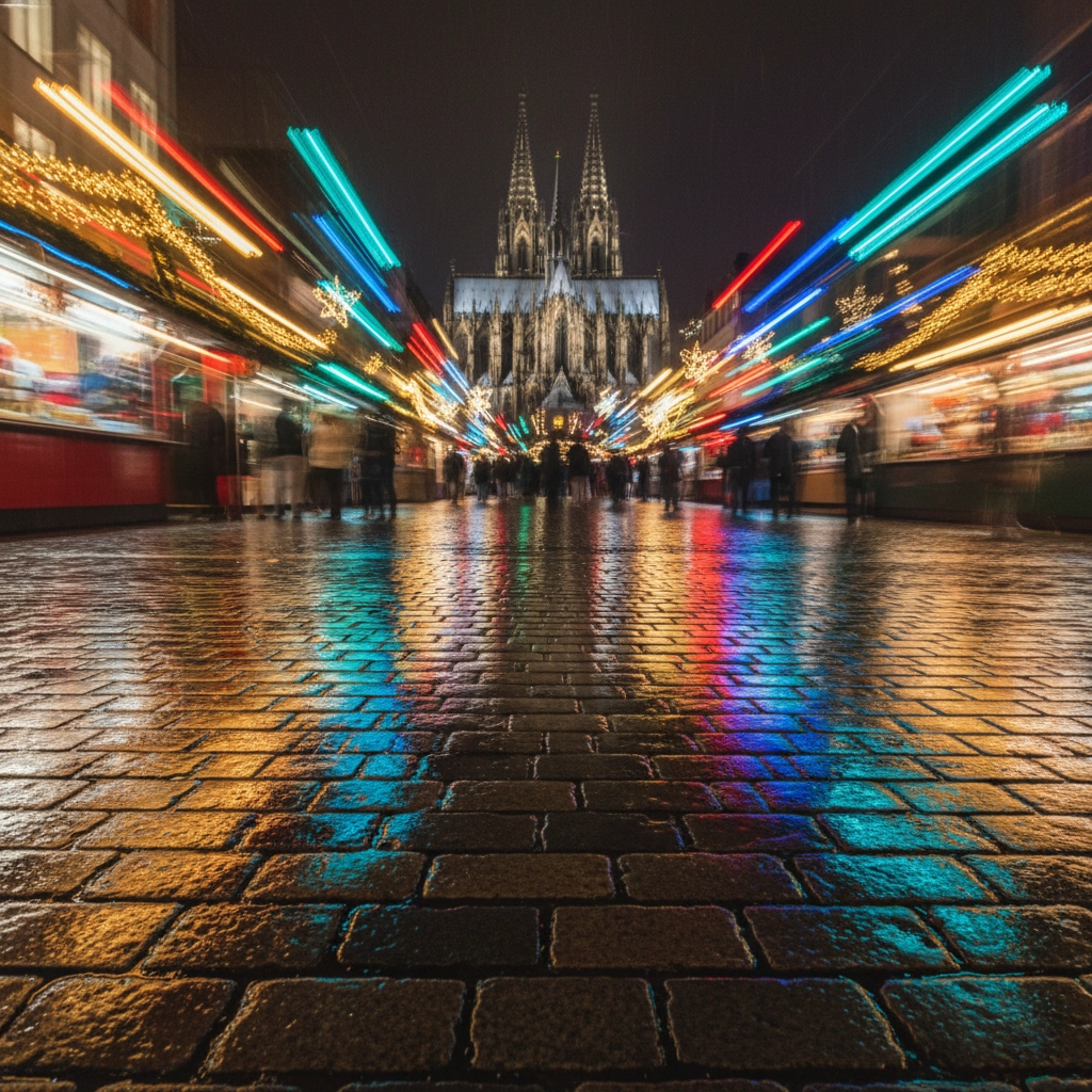Abstract, colorful long-exposure photo of the Cologne Christmas Market at night, with vibrant light streaks reflecting on wet cobblestones and the Cathedral in the distance.