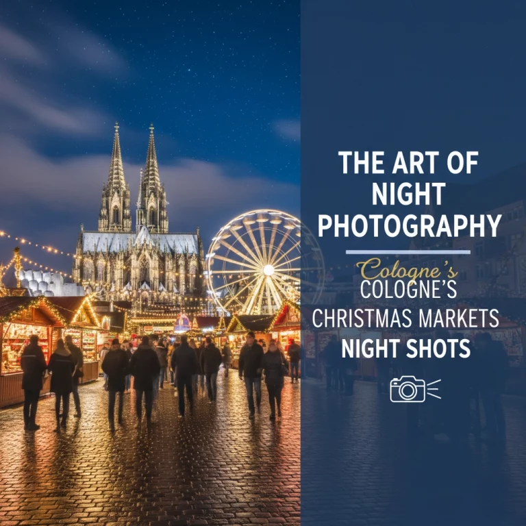 Long-exposure night photo of Cologne's Christmas Market with the illuminated Cathedral, a brightly lit Ferris wheel, and warm lights reflecting on wet cobblestones. Night Photography