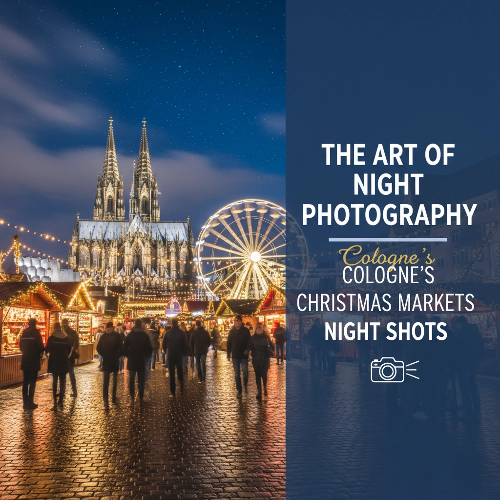Long-exposure night photo of Cologne's Christmas Market with the illuminated Cathedral, a brightly lit Ferris wheel, and warm lights reflecting on wet cobblestones. Night Photography