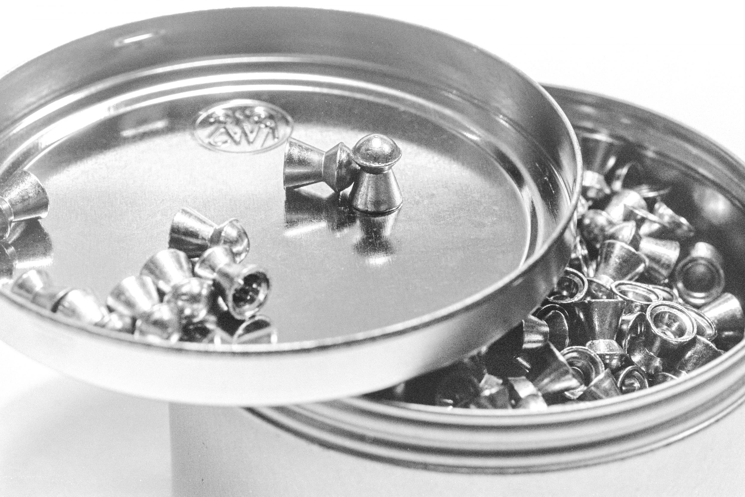 Air Pellets - The black and white image captures the intense precision of close-up air pellets, with the grain and texture of the sporting air pellets adding depth and character to the photograph. The stark contrast between the black and white tones symbolises the focus and determination required in the sport, evoking a sense of timeless elegance and skill.