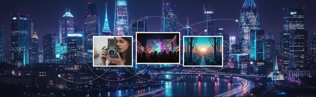 A wide-format graphic featuring a recognisable British urban skyline at dusk, overlaid with a minimalist, futuristic grid pattern. Photography Exhibitions