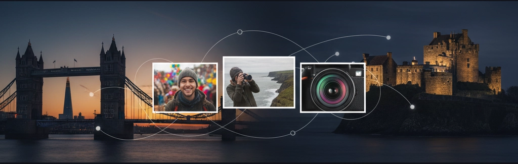 Photography Exhibitions - A banner image with an abstract, blurred background of a city at night, featuring dynamic, colorful light streaks to convey energy and movement.