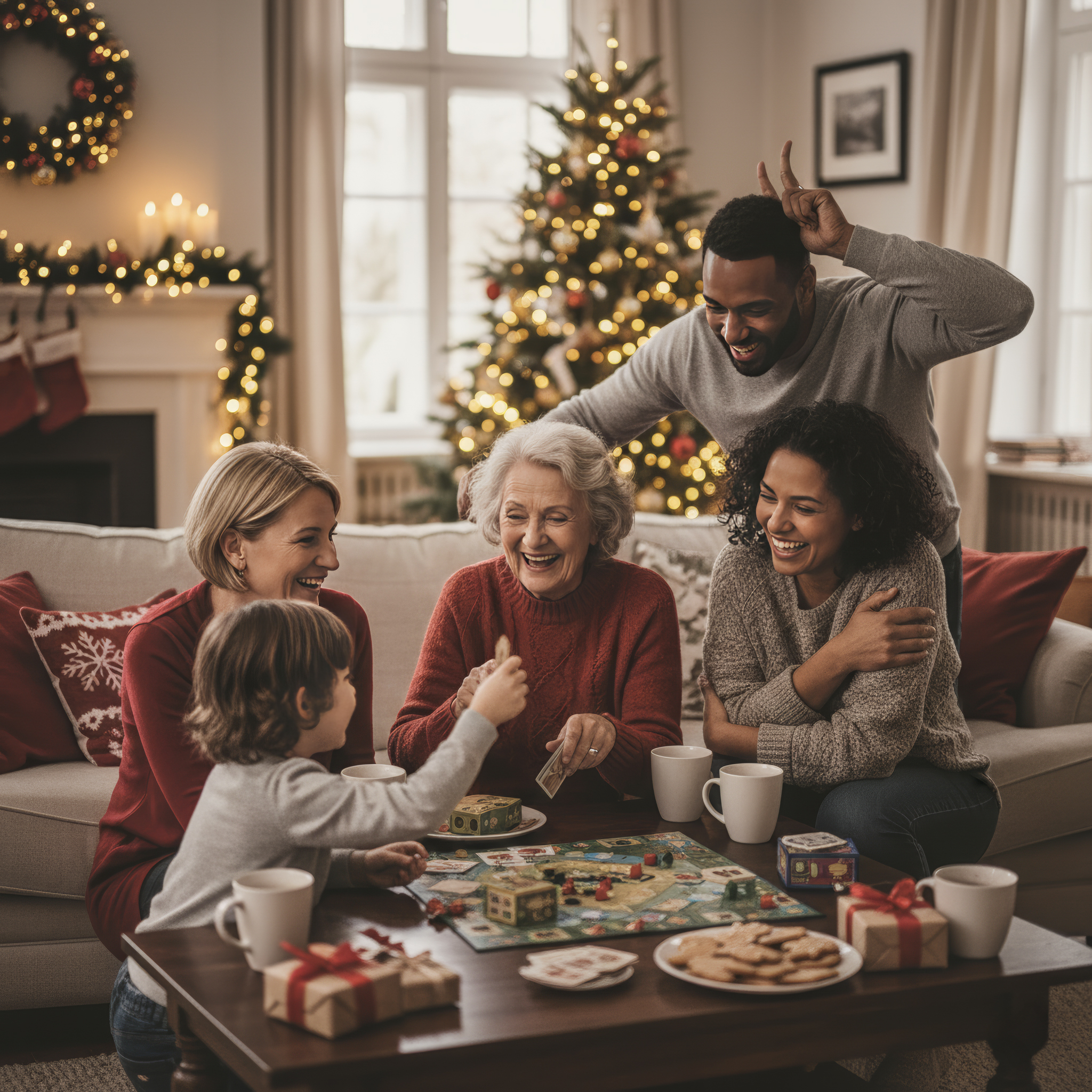 Christmas Photography Tips showing a family gathering around a table for Christmas festivities