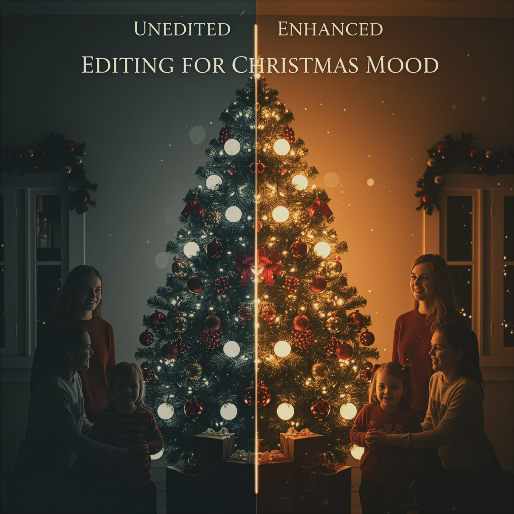 Christmas Photography Tips showing a before and after editing of a Christmas tree.