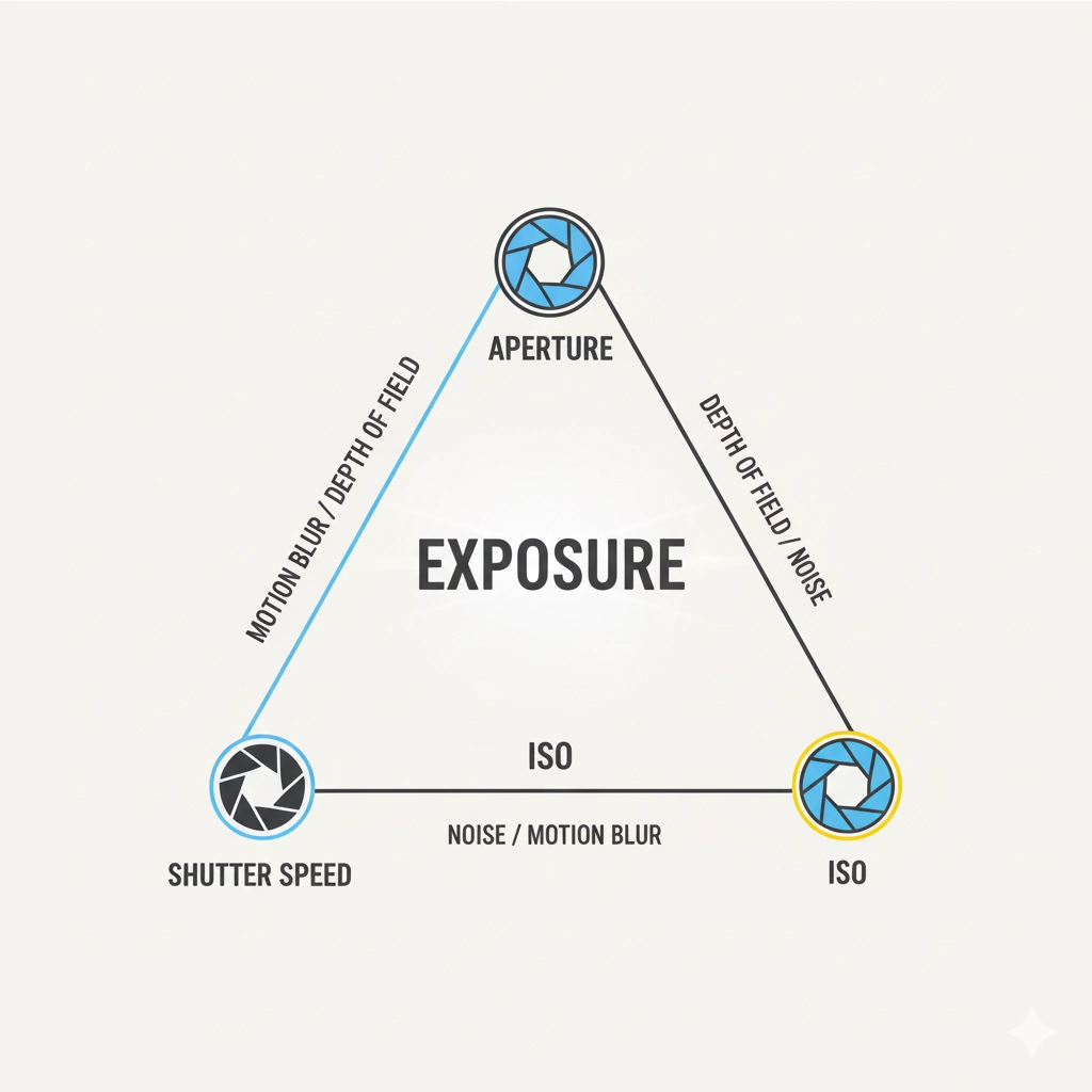 Simple diagram showing aperture, shutter speed, and ISO in the exposure triangle.