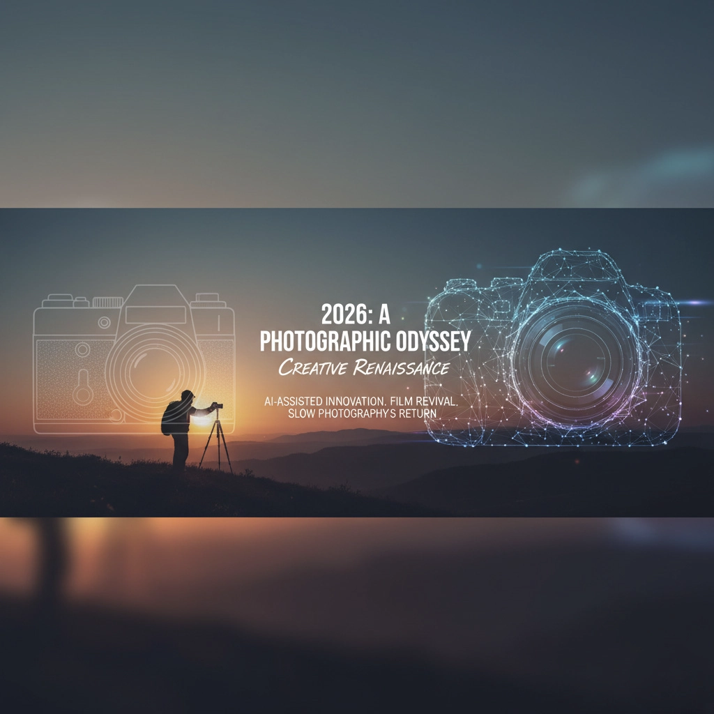 2026 Photography Trends Banner: A silhouetted photographer setting up a tripod on a misty mountain at sunrise. Above them, a faded, analog camera outline blends into a futuristic, polygonal digital camera with glow effect, symbolizing the blend of AI-assisted innovation, film revival, and slow photography's return in the coming year.