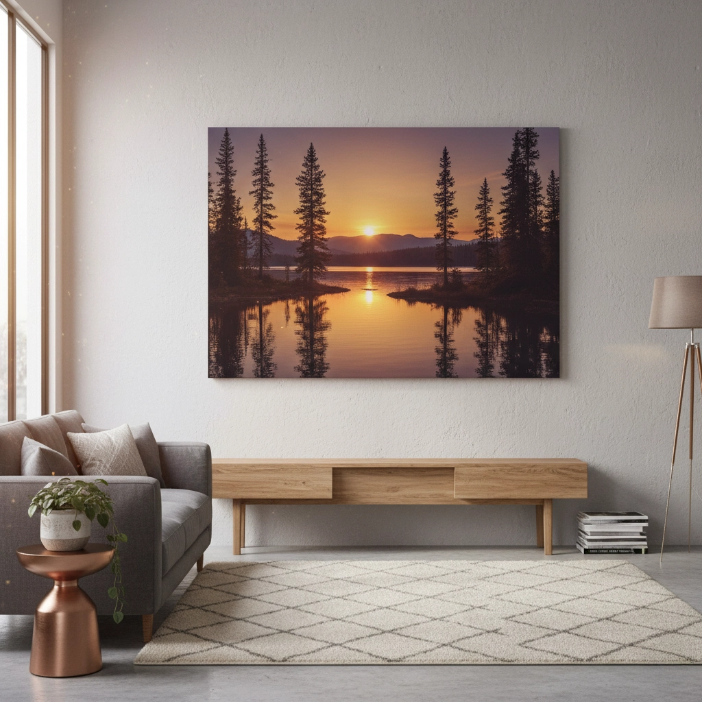 Large horizontal canvas print of a vibrant sunset landscape with silhouetted pine trees reflecting on a still lake, mounted on a white wall above a low wooden media console in a modern, minimalist living room with a grey sofa and neutral rug.