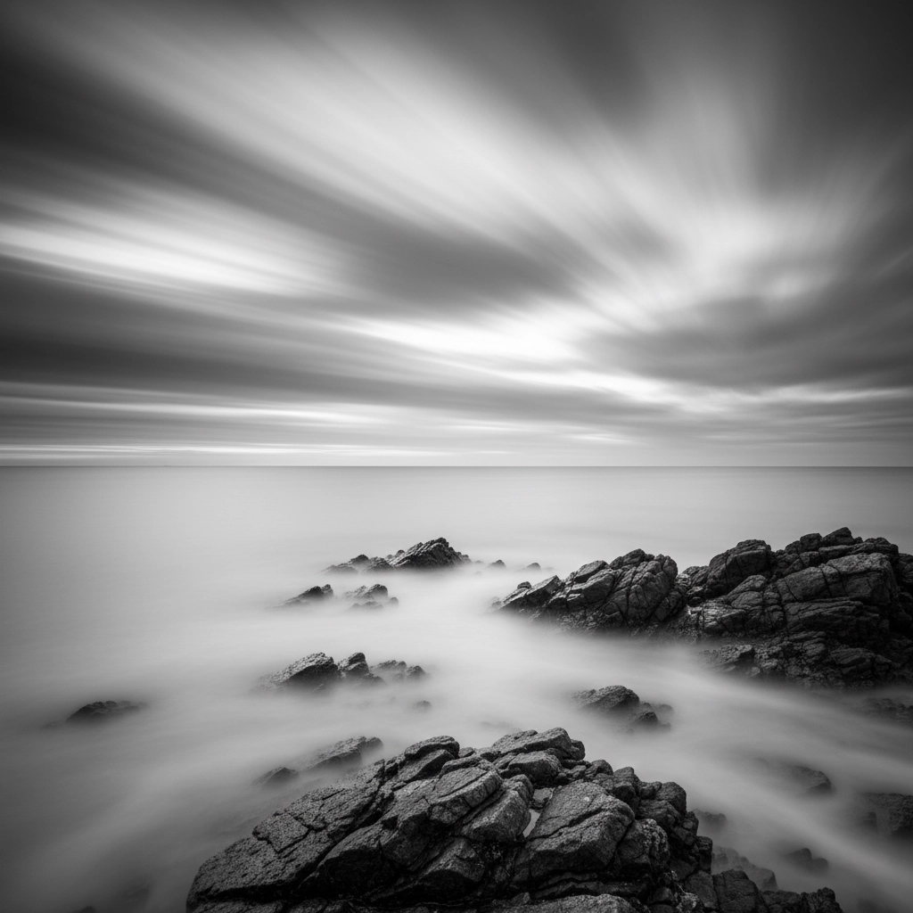 Surreal black and white landscape showing smooth water and blurred clouds created with slow shutter speed.