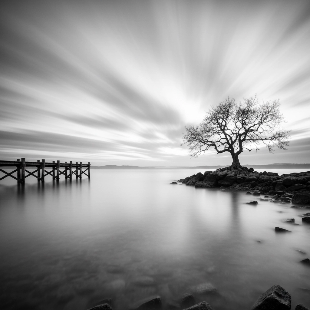 Film Photography Projects 1 Black and white long exposure photograph with smooth clouds over still water, showing slow shutter speed effect. Film Photography Projects