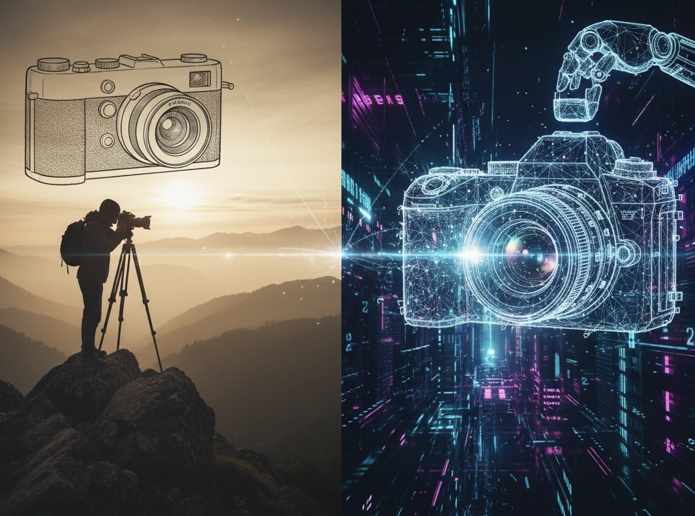 A split image contrasting traditional and futuristic photography. On the left, a silhouetted photographer stands with a tripod on a mountain at sunrise, with a classic camera outline above. On the right, a glowing, polygonal digital camera is held by a robotic hand amidst a neon, data-stream backdrop, symbolising AI's role in the future of image creation. Photography in 2026
