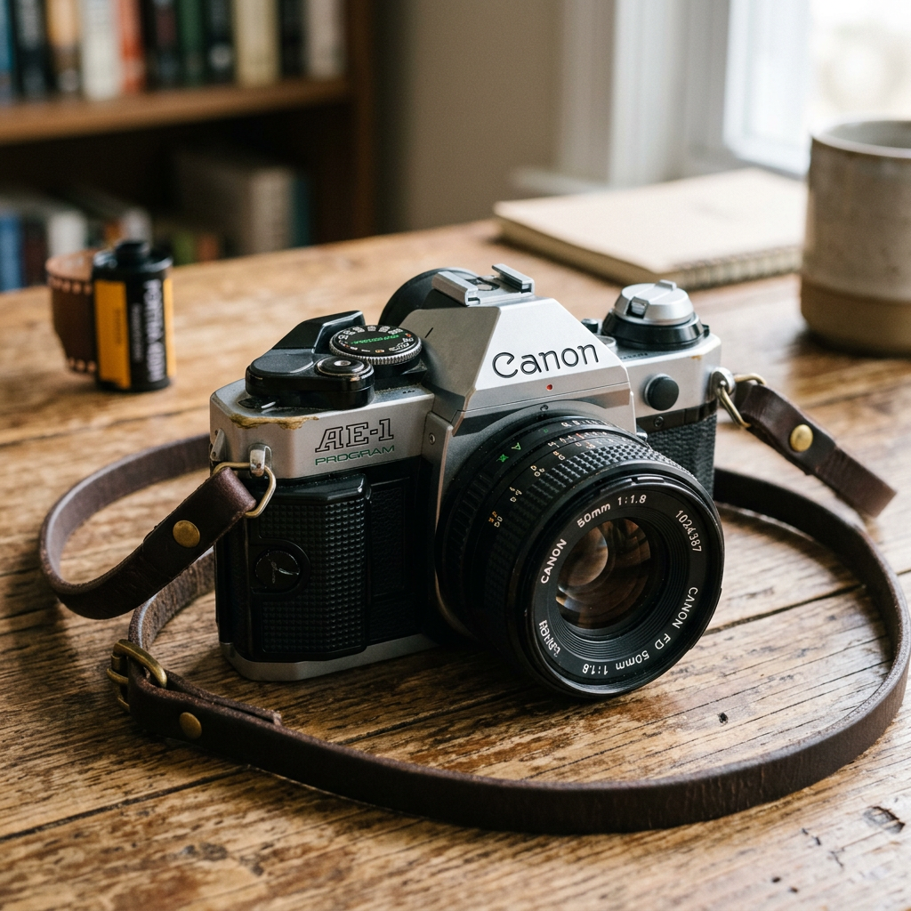 Canon AE-1 film camera with 50mm lens and leather strap on wooden surface