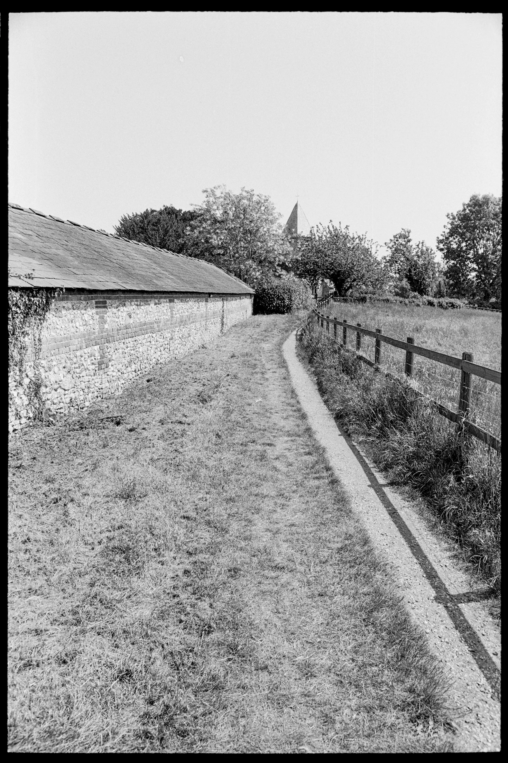 Rollei Ortho 25 — footpath toward St Mary's Church with farm barn on left, Silchester, Hampshire