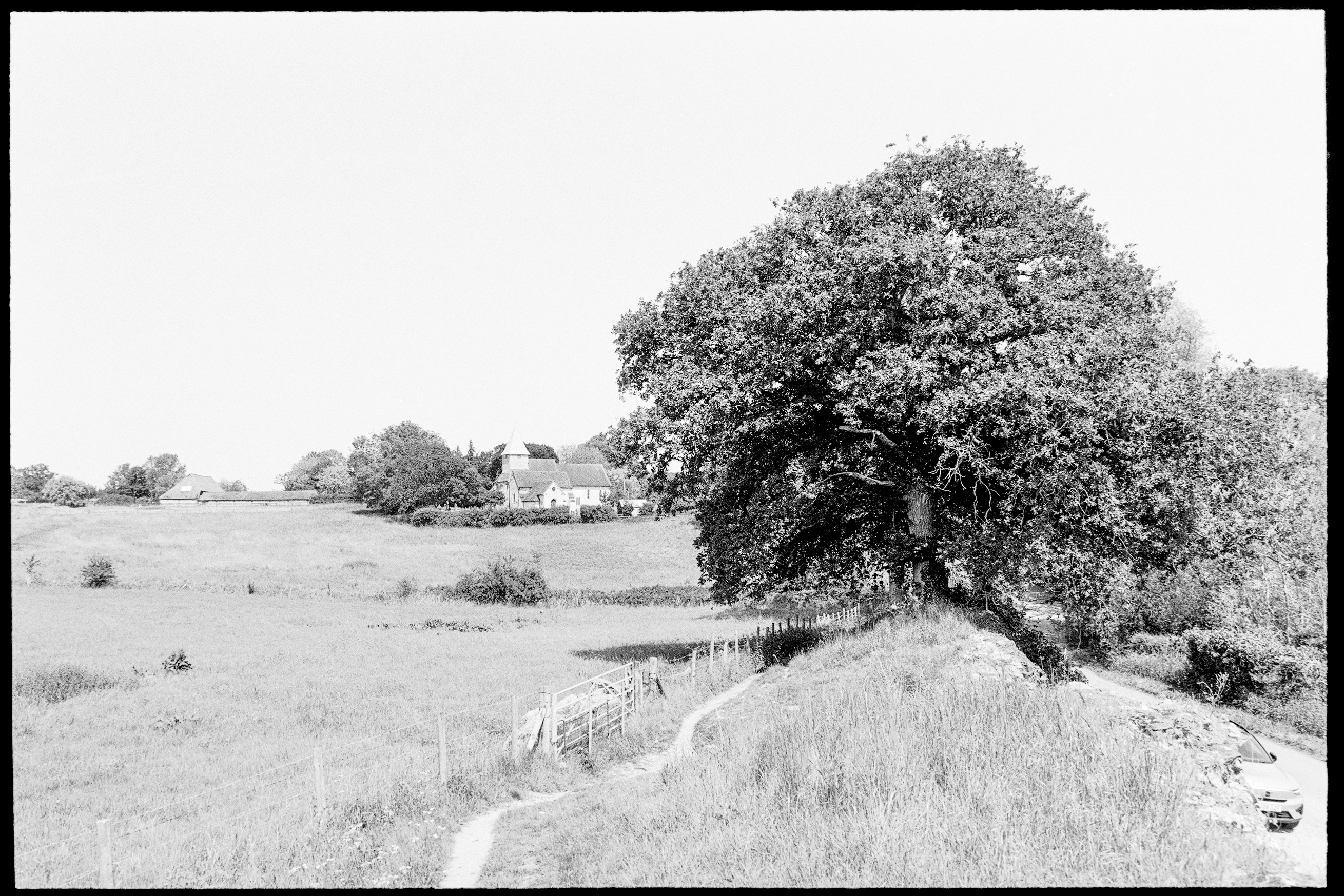 Rollei Ortho 25 — looking north east from the Roman Wall at Calleva Atrebatum toward St Mary's Church, Silchester
