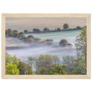 Autumn mist drifting across the fields below Watership Down, Hampshire – framed fine art landscape print