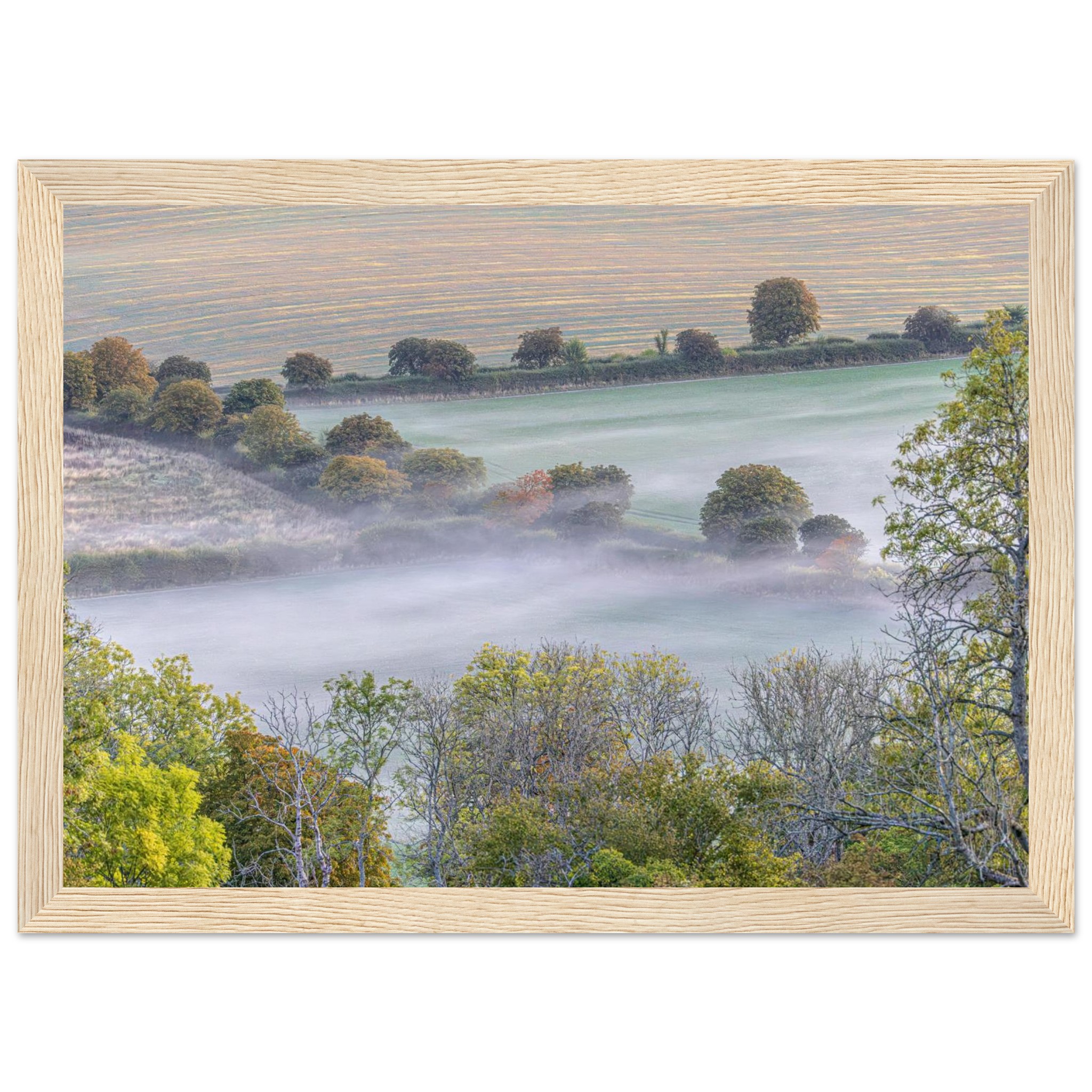 Autumn mist drifting across the fields below Watership Down, Hampshire – framed fine art landscape print