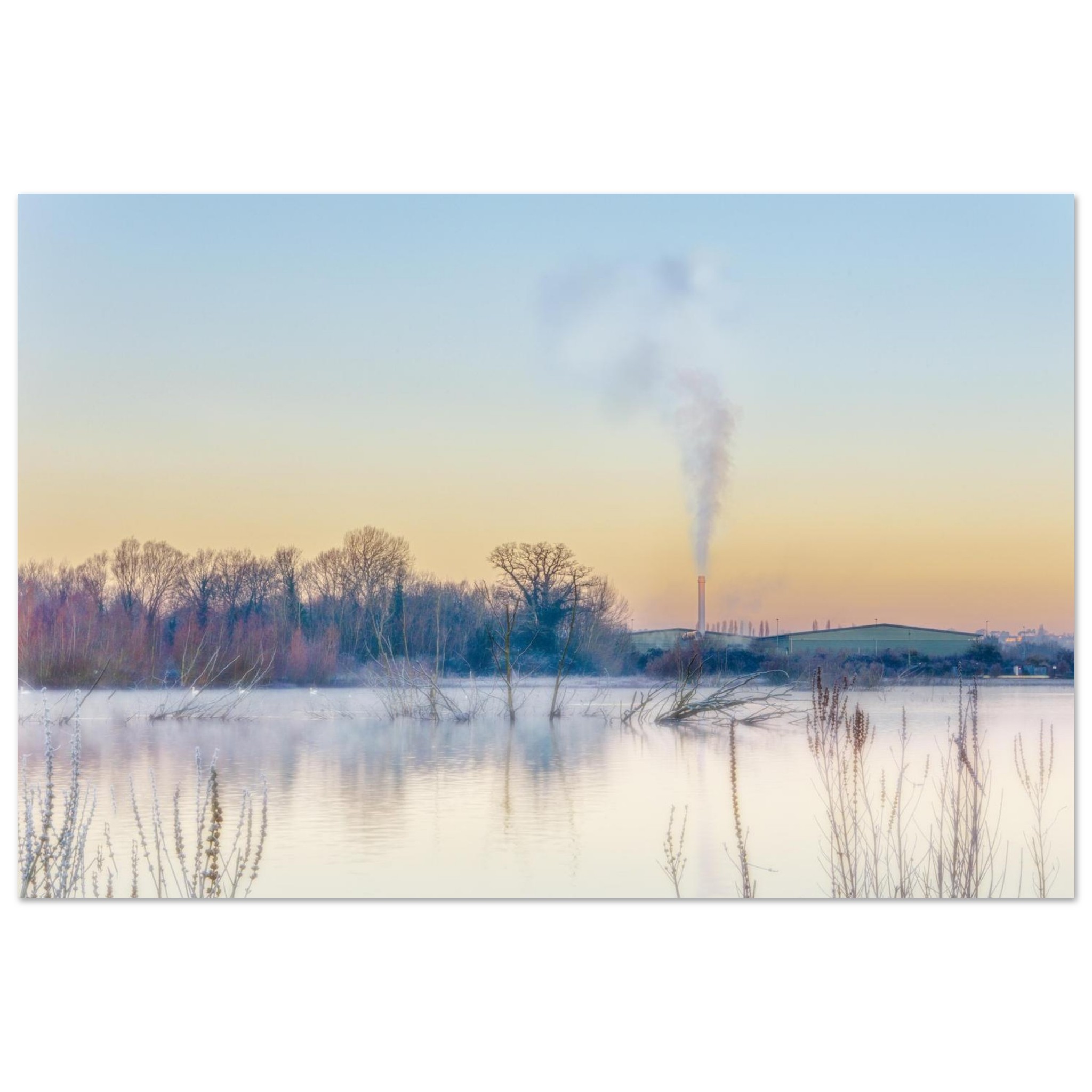 Industrial Wildlife Sunrise – winter sunrise over flooded fields and an industrial chimney near Theale