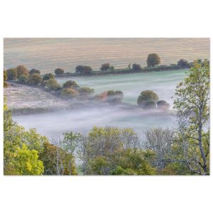 Autumn mist drifting across the fields below Watership Down, Hampshire – unframed fine art landscape print